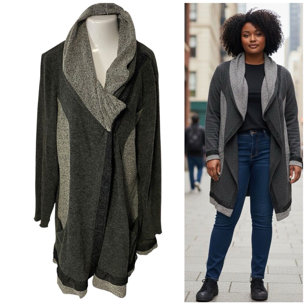 The Pyramid Collection Sweater Womens 3XL Gray Black Cardigan Lagenlook Boho